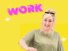 Celebrity gif. Tik Tok Brittany Broski looks at us with a large, excited smile as she waves her hand around sassily. Text, “work.”
