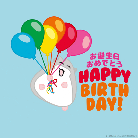 Digital illustration gif. Happy gray and white chibi hamster holding colorful balloons and floating away against a sky blue background. Text, "Happy birthday!" appears below Chinese writing. 