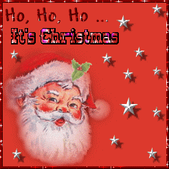 Digital art gif. Old-fashioned drawing of a rosy-cheeked Santa rests over a red background surrounded by white stars and a glittering red frame. Text, “Ho, Ho, Ho… It’s Christmas.”