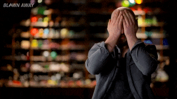 Reality TV gif. A man on Blown away covers his face with his hands in shame as he says, “Oh my god.”