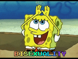 SpongeBob gif. SpongeBob moves his hands in an arc, creating a sparkly rainbow. Text reads in a pixelated, rainbow font, "Bisexuality."