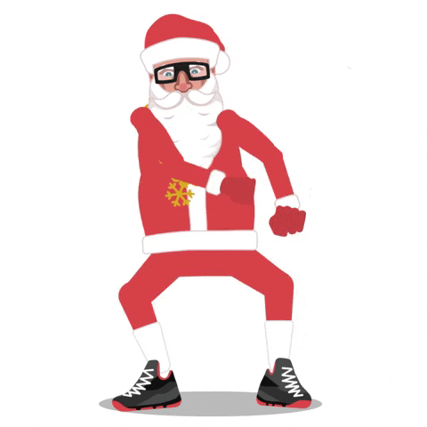 Digital art gif. A swaggy Santa Claus has sneakers, a chain in the form of a snowflake, and thick glasses on. He swings his arms while grooving his legs and he looks hype.