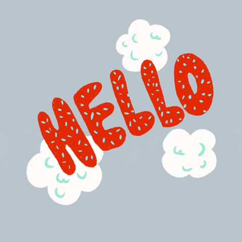Text gif. Patterned letters flash between red, blue and yellow and spell out "Hello" across a blue sky with fluffy clouds.