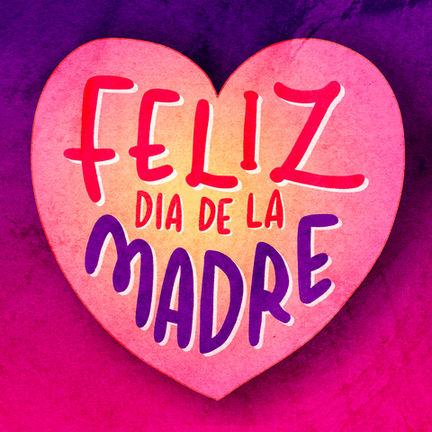 Digital art gif. Animation of a beating pink and yellow ombre heart shape with the words "Feliz Dia De La Madre" inside of it, against a purple and pink ombre background.