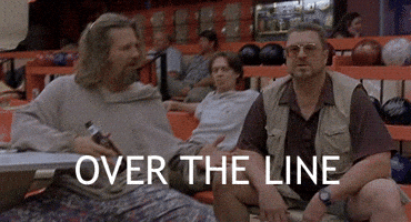 Movie gif. John Goodman as Walter in the Big Lebowski sitting at a bowling alley with The Dude, sitting up and shouting, "over the line."