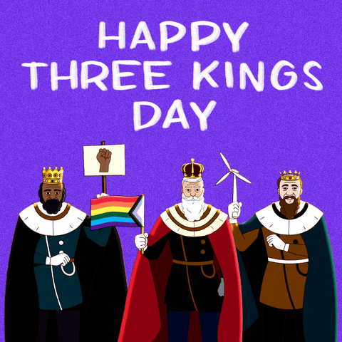 Digital art gif. Three bearded kings, one waving a Quasar Pride flag, one waving a sign bearing a solidarity fist, and the last waving a wind turbine. Text, "Happy Three Kings Day."