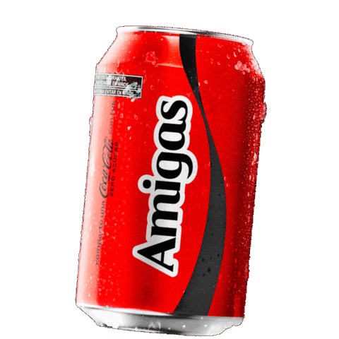 Sponsored gif. A red can of Coca-Cola with the word "Amigas" rises into frame and then sinks back out again.