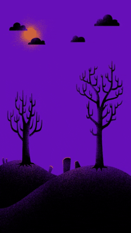 Cartoon gif. Spooky bare-limbed trees sway in the wind on graveyard hills.