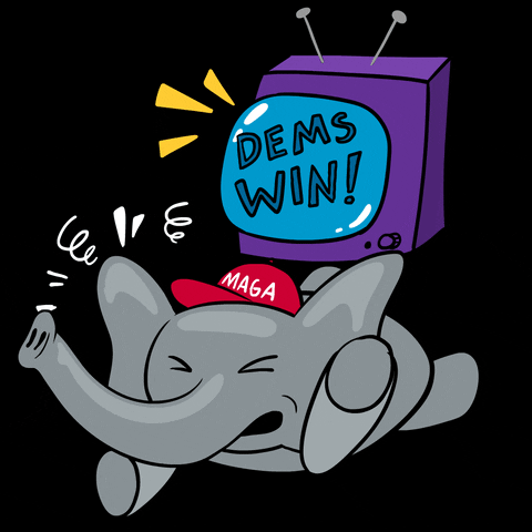 Digital art gif. Elephant wearing a red MAGA hat against a black background throws a tantrum on the floor in front of a TV that dances with the message, “Dems Win!”