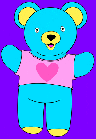 Digital art gif. A blue teddy bear is standing with a shirt that has a pink heart on it. A third eye pops up on its forehead and stares at us.