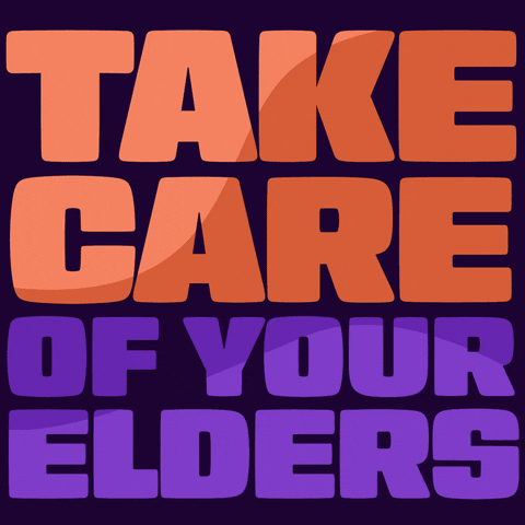 Illustrated gif. Four different grandparents each with a grandchildren appear one at a time each performing different activities together. One pair is shopping for groceries, one is cooking, one is giving a hug, and one pair is doing yoga. They all appear superimposed over the text "Take care of your elders".