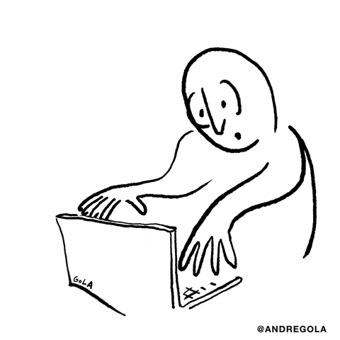 Illustrated gif. A line drawn man types furiously on a laptop keyboard as sweat drips from his brow.