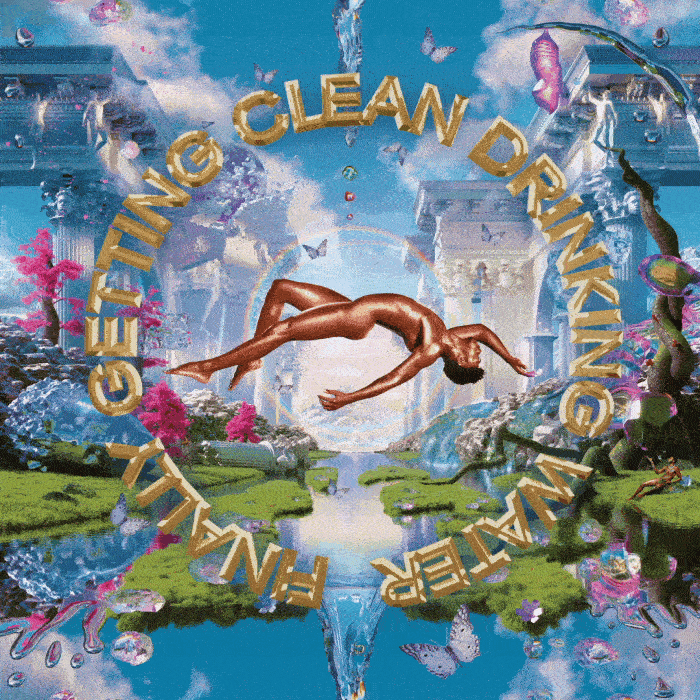 Text gif. Lil Nas X's Montero album cover, modified with the words "Finally getting clean drinking water" revolving around Nas's floating, naked body.