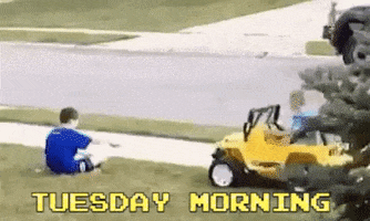 Video gif. A small child drives a yellow, motorized toy car on grass near a sidewalk towards a young boy seated on the grass. The toy car pummels into the boy and drives over him. Text, "Tuesday Morning."