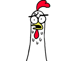 Illustrated gif. A white chicken appears terrified and uses its red wattle to sop up the sweat pouring down its face.