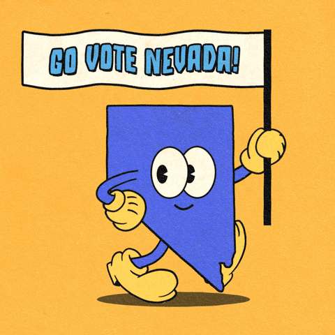 Digital art gif. Blue shape of Nevada smiles and marches forward with one hand on its hip and the other holding a flag against a yellow background. The flag reads, “Go vote Nevada!”
