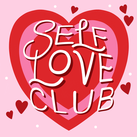 Text gif. Big, red-and-pink heart, on a pink background with many little hearts, beats hard enough to disturb the words "Self love club."