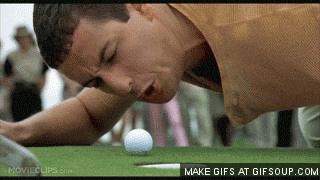 Movie gif. Adam Sandler as Happy Gilmore on his hands and knees, angrily yelling at a golf ball only a few inches away from the hole.