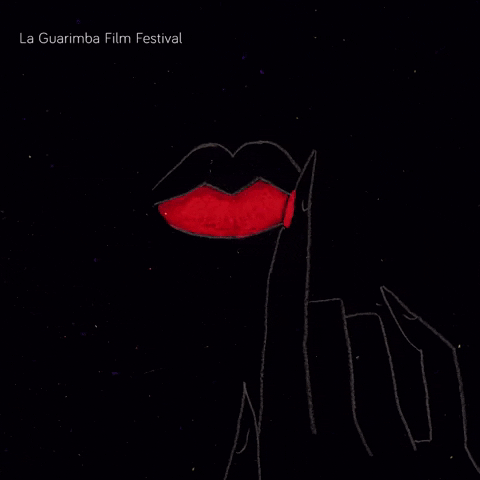 Illustrated gif. Against a black starry sky, constellation line drawing of a finger swipes red lipstick off a set of lips, the striking color dripping down and turning the hand red. Text, "La Guarimba Film Festival."