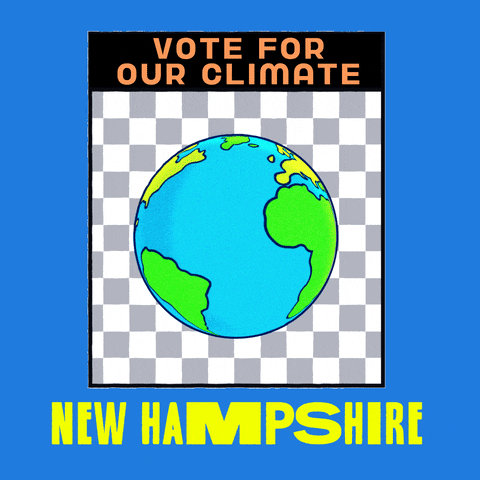 Digital art gif. Earth spins in front of a grey and white checkered background framed in a light blue box. Text, “Vote for the climate. New Hampshire.”