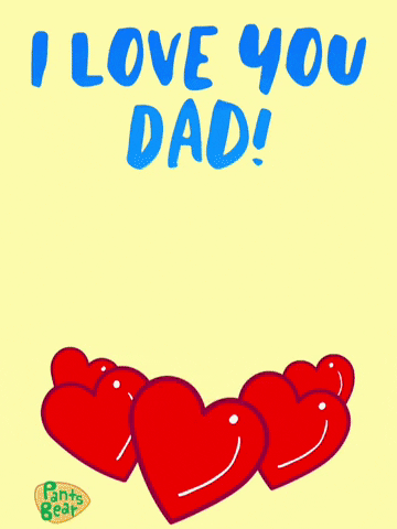 Kreslené narozeninové přání tátovi ve formě gifu s medvědem vyskakujícím z hromady srdíček a nápisem "I love you, dad!" na žlutém pozadí.