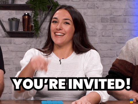 Woman pointing at viewer with caption that reads You're Invited