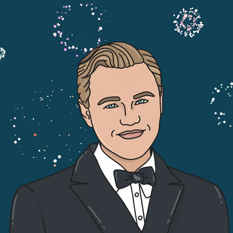 Illustrated gif. Cartoon version of Leonardo DiCaprio as Jay Gatsby in The Great Gatsby raises a coupe glass in a toast to us, fireworks exploding in the background.
