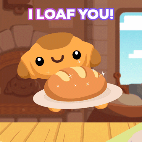 Video game gif. Breadbear from Everdale holds out a fresh baked loaf of bread, smiling and bobbing its head left and right. Text, "I Loaf you!"