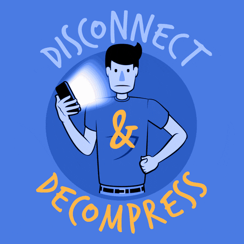 Digital art gif. Illustration of a cartoon man holding a cell phone, his hair flopping down into his eyes, a sad look on his face. He tosses the phone away and immediately looks happier, placing his hand confidently on his hip. Text, "Disconnect, decompress."