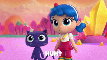 Cartoon gif. Bartleby and True from True and the Rainbow Kingdom look at each other, perplexed, and simultaneously raise their shoulders to shrug. Text, "Huh?"