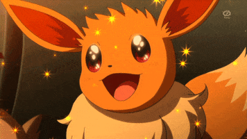 Anime gif. Eevee from Pokémon looks up with sparkles in its eyes and a large smile. Sparkles shimmer down onto the eevee.