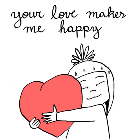 Illustrated gif. A black sketch of a person wearing a hat with ear flaps and a pom topper smiles as they squeeze a pillow-like, red heart. Text, "Your love makes me happy." 