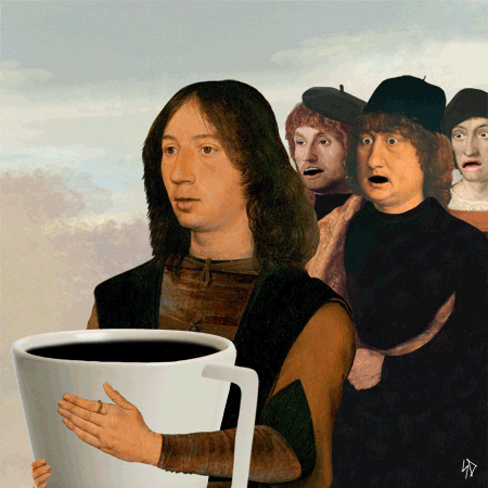 Digital art gif. A group of renaissance-era painted men runs, their eyes open wide. The leader bobs, holding a giant cup of sloshing coffee in his arms.