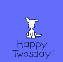 Cartoon gif. Two bright pink hearts emerge above a doodle of a white dog with a wagging tail. Text appears animated and wiggly, reading, "Happy Two'sday!"
