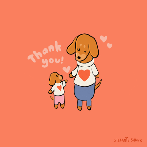 Illustrated gif. A puppy reaches up toward a larger dog as they look toward each other and hearts pulse around them. Text, "Thank you!" 
