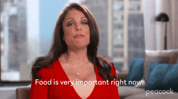 Reality TV gif. Bethenny Frankel in Bethenny Ever After. She is being interviewed and she says with her whole heart, closing her eyes and nodding her head before saying, "Food is very important right now."