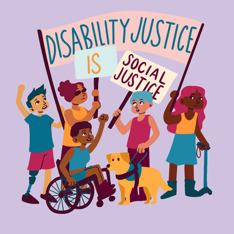 Digital art gif. Illustration of five people, one in a wheelchair, another with a cane and another with a seeing-eye dog, raising their fists in protest. They hold signs that join together to read, "Disability justice is social justice," all against a light lavender background.