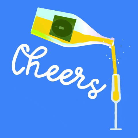 Modrý kreslený gif s láhví šampaňského, z níž teče nápoj do sklenice s nápisem "Cheers". 