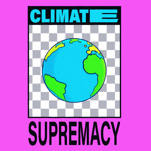Digital art gif. Earth spins in front of a grey and white checkered background framed in a bright purple box. Text, “Climate Supremacy.”