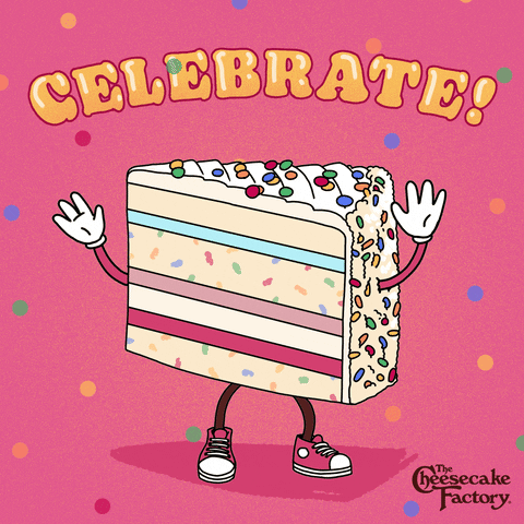 Cartoon gif. A slice of birthday cake dances and throws its gloved hands in the air as confetti falls around it. Text, "Celebrate!"