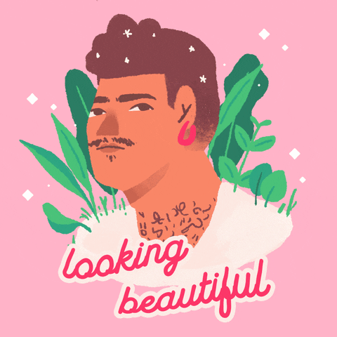 Illustrated gif. Tiny daisies bloom in the hair of a person with a mustache and pink hoop earrings as they blink peacefully. Text, "Looking beautiful."
