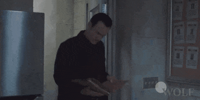 TV gif. Julian McMahon as Jess LaCroix on FBI: Most Wanted walks into a room while looking down at an open file. He looks up and smiles while saying, “Hey, hey! Look who it is!”