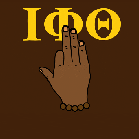 Illustrated gif. Brown hand, index finger folded down, then in a fist of solidarity, under the Greek letters for Iota Phi Theta in yellow on a brown background. Text, "Vote!"