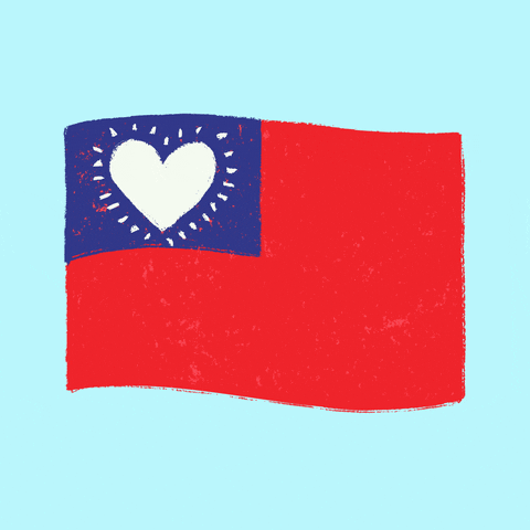 Digital art gif. Animation of the Taiwanese flag, with a white heart shape instead of a white circle in the top left corner, waves in the wind.