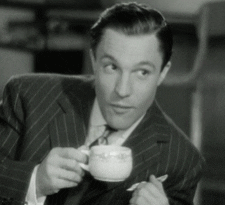 Movie gif. Gene Kelly in The Babbitt and The Bromide smiles while taking a gulp of his tea and stretching back in anticipation.