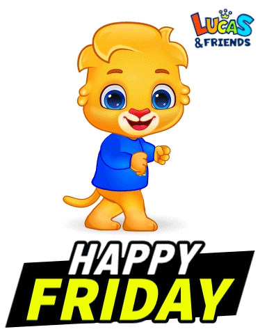Cartoon gif. Donning a blue sweater, Lucas the Lion from Lucas and Friends shuffle dances happily. Text reads, "Happy Friday."