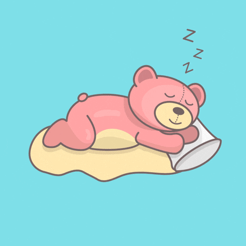 Digital illustration gif. Pink teddy bear reclines on its belly on a pillow with its eyes closed and a peaceful smile on its face as a continuous string of Zs float above its head.