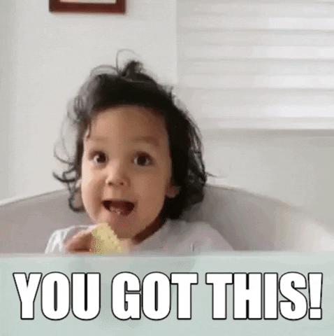 Video gif. A spirited toddler gives an emphatic thumbs up and erupts in a cheesy grin. Text, "You got this."