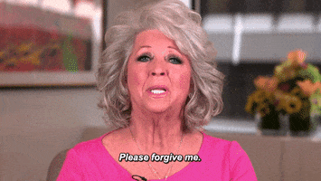 Celebrity gif. Paula Deen looks out at us, seriously, as she says "please forgive me," which appears as text.