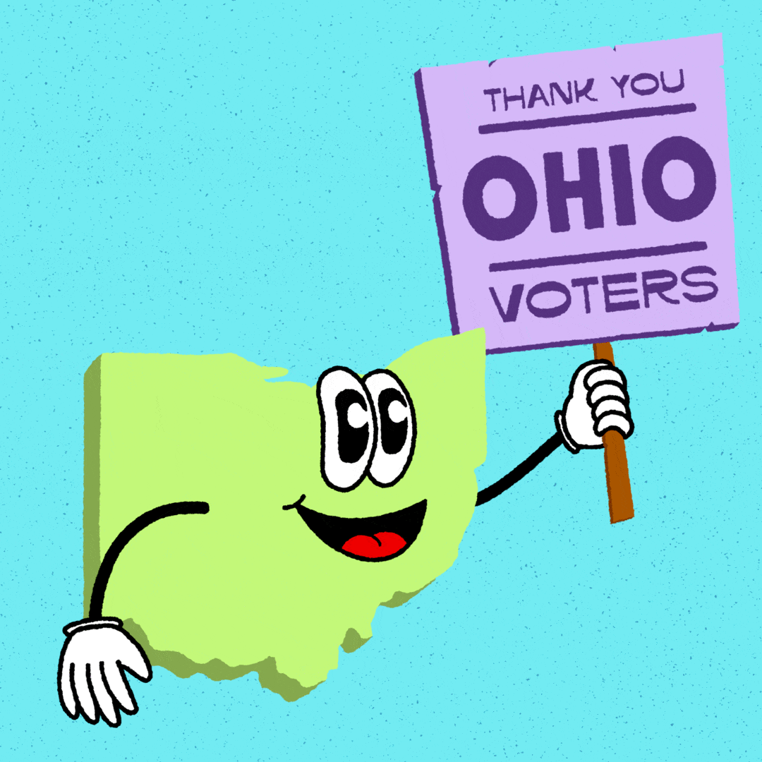 Digital art gif. Spring green graphic of the anthropomorphic state of Ohio holding a purple picket sign that reads "Thank you Ohio voters!"